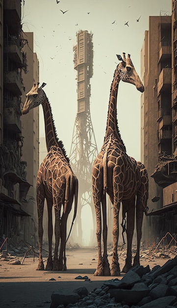 Enormi jirafa che camminano attraverso una città distrutta Immagine irreale IA generativa