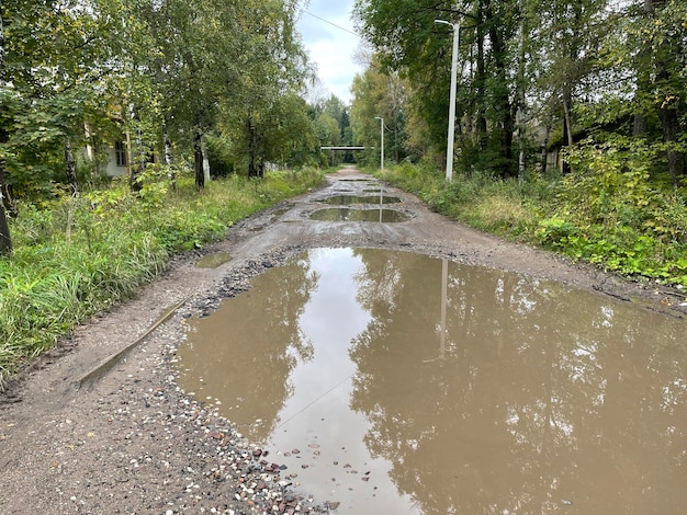 Enormi pozzanghere su strada di campagna Ostacoli d'acqua su strada in campagna