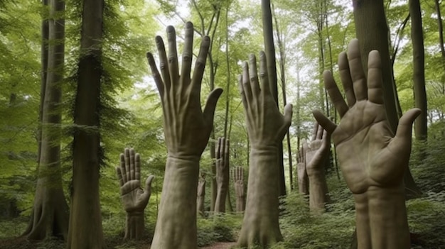 Enormi sculture a mano in una strana installazione artistica all'aperto nella foresta aliena