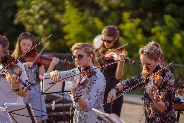 Ensemble musicale che suona il violino in un concerto all'aperto