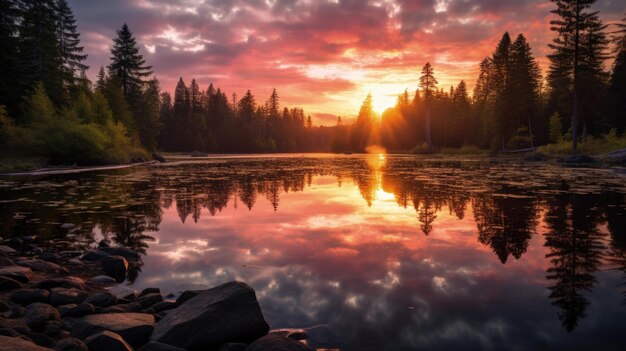 Entra in un mondo di meraviglie naturali dove uno splendido tramonto illumina un lago di montagna incontaminato Il cielo è una tela mozzafiato di rosa, arance e oro Generato dall'IA