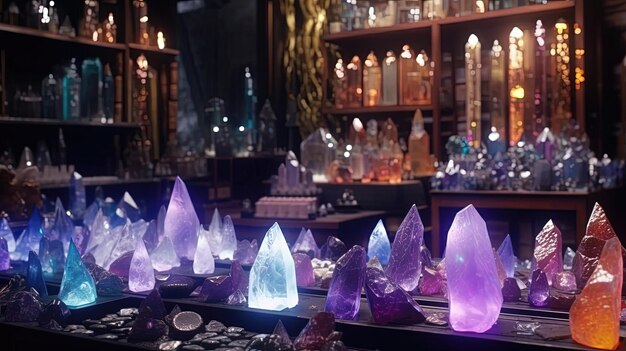 Entra nel mistico negozio di cristalli e immergiti in un mondo di radiosa bellezza e possibilità spirituali generate dall'intelligenza artificiale