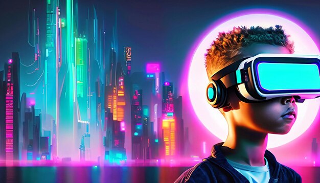 Entra nel regno cyberpunk Immergiti nelle illustrazioni 4K di un ragazzo che indossa un visore VR in Vibrant