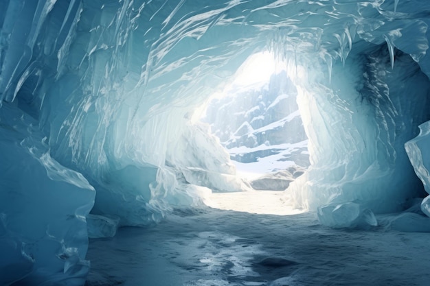 Entrata di una grotta di ghiaccio di cristallo blu e un fiume sotterraneo sotto il ghiacciaio