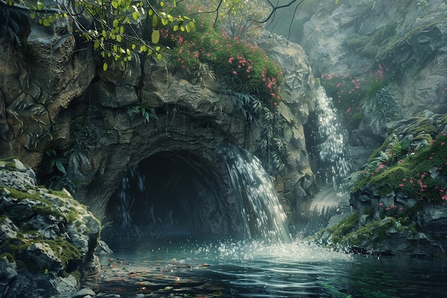 Entrata nascosta della grotta dietro una cascata