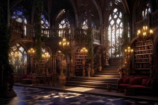 Entrate in una biblioteca magica ornata adornata con luci di fate e archi gotici.