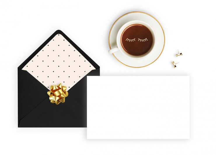 envelope black, coffee cup and pencil. 