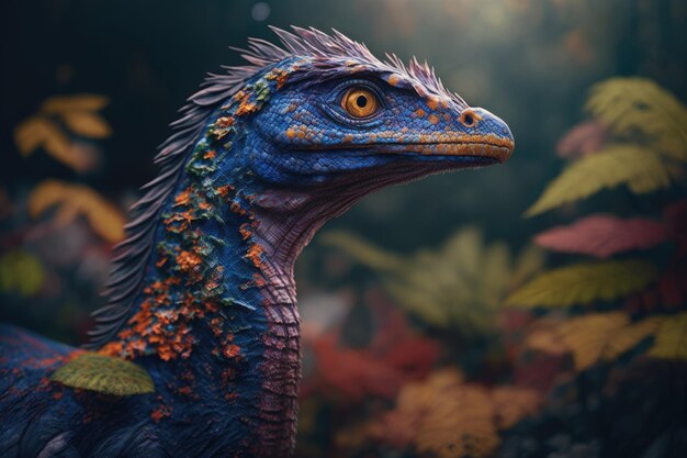 Eoraptor Colorato pericoloso dinosauro nella lussureggiante natura preistorica di Generative AI