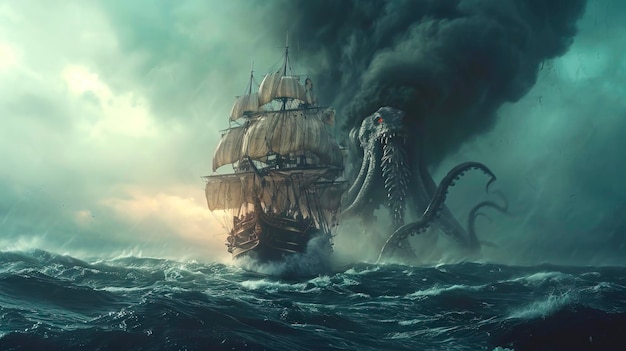 Epica battaglia marittima con il mitico Kraken creato con la tecnologia Generative AI.