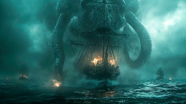 Epica battaglia marittima con il mitico Kraken creato con la tecnologia Generative AI.
