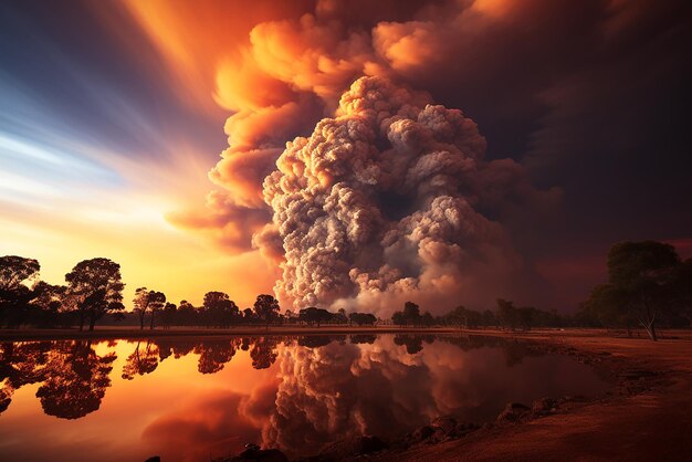 Epiche bolle di fuoco e fumo che si alzano in alto nel cielo sullo sfondo del deserto