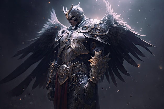 Epico arcangelo guerriero cavaliere paladino in paradiso con armatura e ali angelo fantasia Generativa ai