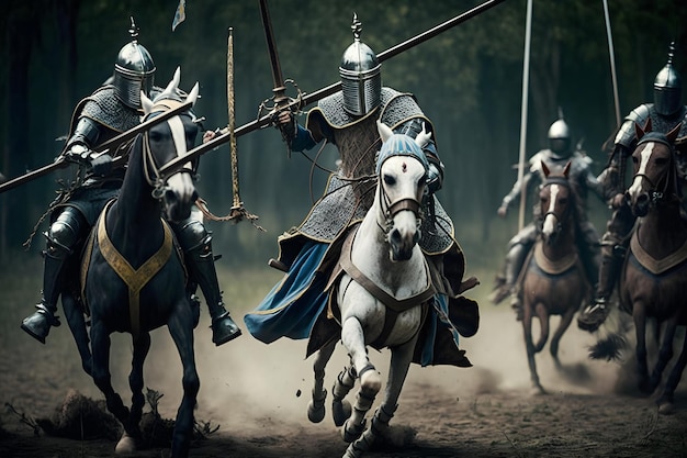 Epico campo di battaglia Eserciti di cavalieri medievali che combattono con le spade Rete neurale generata dall'intelligenza artificiale
