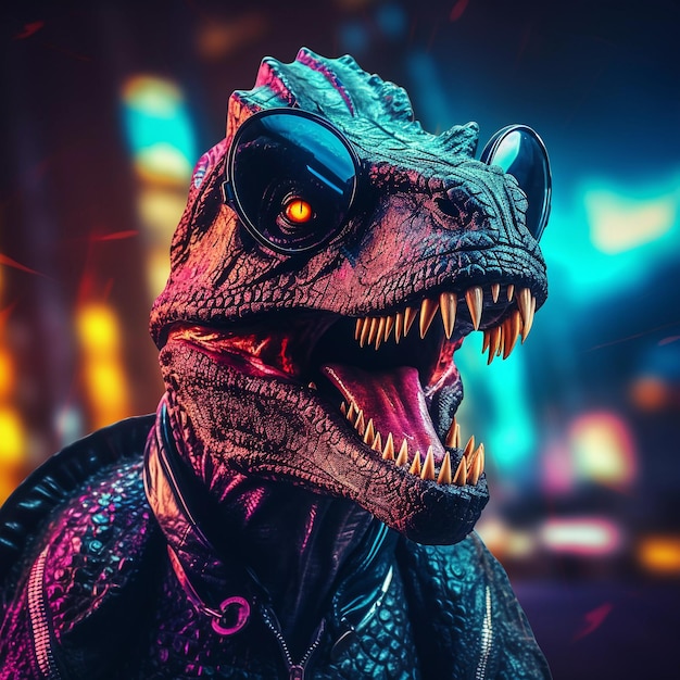 Epico cyberpumk dinosauro neon stile onda retrò