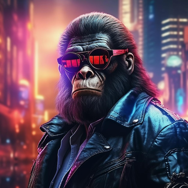 Epico cyberpumk gorilla neon stile onda retrò