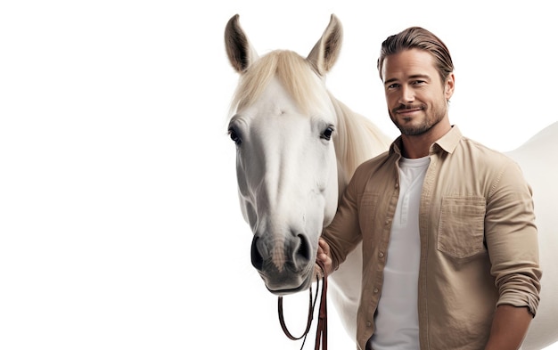 Equestre e il suo partner cavallo isolato su uno sfondo bianco