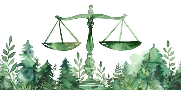 Equilibrio della natura concetto di legge ambientale illustrato con scale in mezzo a una foresta serena in stile acquerello contro uno sfondo bianco