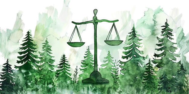 Equilibrio della natura concetto di legge ambientale illustrato con scale in mezzo a una foresta serena in stile acquerello contro uno sfondo bianco