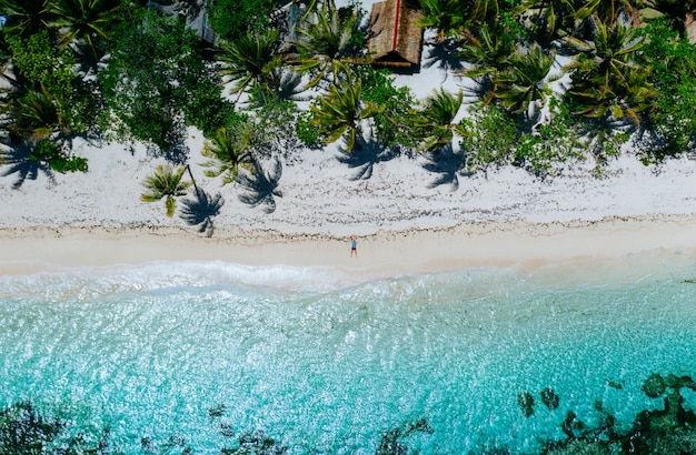 Equipaggi la condizione sulla spiaggia e godersi il posto tropicale con una vista. colori del mare caraibico e palme. Concetto di viaggi e stile di vita