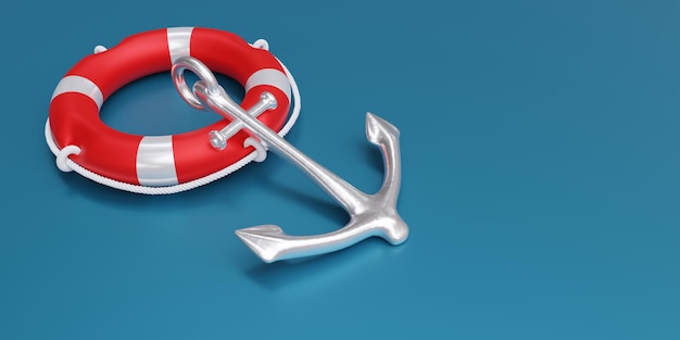 Equipaggiamento di sicurezza della barca Lifebuoy e ancora marina su sfondo blu copia spazio 3d rendering