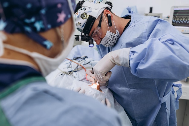 Equipe medica che esegue interventi chirurgici Gruppo di chirurghi in sala operatoria ospedaliera Sala luminosa