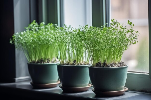 Erba cipollina verde in vaso sulla finestra Genera Ai