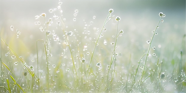 Erba di campo verde sul prato con gocce di rugiada d'acqua che brillano nella luce del mattino AI Generato