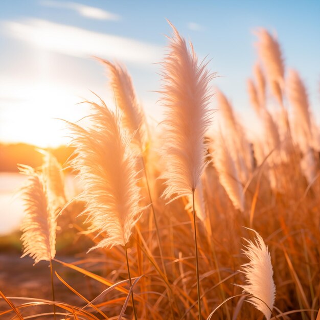 Erba di pampa dorata nel cielo sfondo naturale astratto di morbide piante di cortaderia selloana in movimento