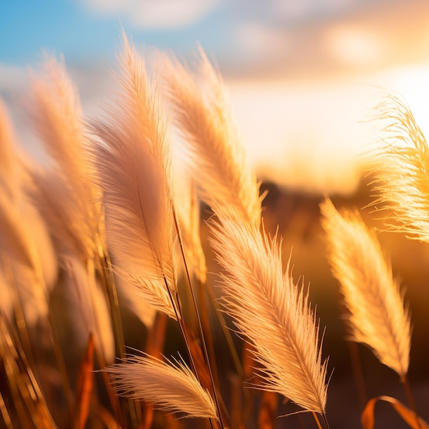 Erba di pampa dorata nel cielo sfondo naturale astratto di morbide piante di cortaderia selloana in movimento