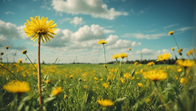 Erba fresca e fiori gialli del dente di leone in natura contro un cielo blu confuso con nuvole la naturale