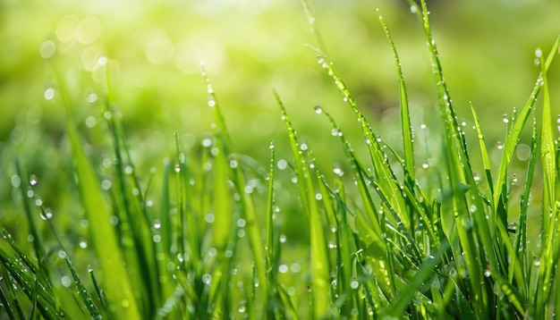 Erba fresca primaverile con gocce d'acqua sfondo naturale