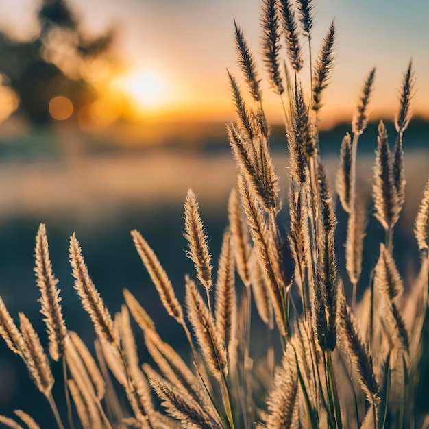 Erba secca lunga estate contro uno sfondo di natura tramonto