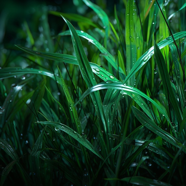 erba verde affilata con gocce d'acqua su di essa nel buio generativo ai