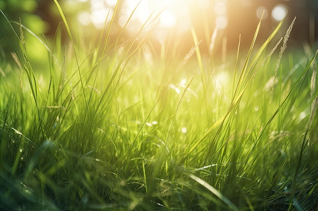 Erba verde al sole con effetto bokeh Sfondo della natura Erba verde fresca e dettagliata in un prato da vicino AI Generated