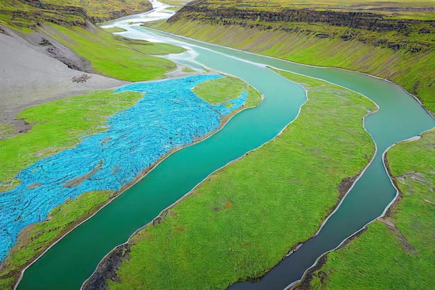 Erba verde brillante sulle rive del fiume aereo islandese