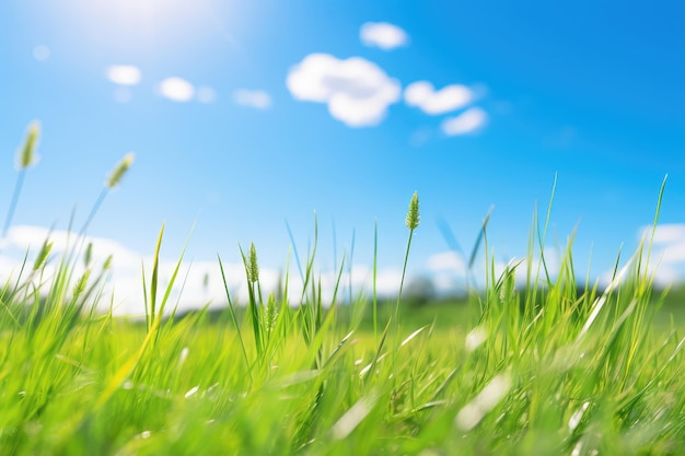 Erba verde con cielo blu e nuvole bianche profondità di campo poco profonda