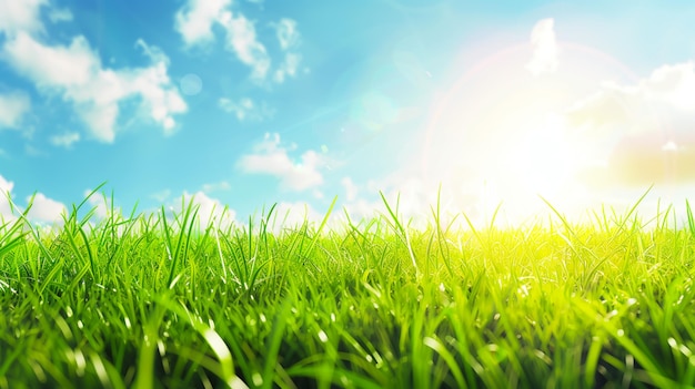 erba verde con la luce del sole bellissimo sfondo estivo spazio di copia vista a livello del suolo