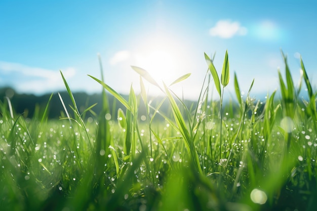 Erba verde con rugiada sullo sfondo del cielo blu e del sole