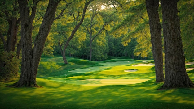 Erba verde e boschi su un campo da golf