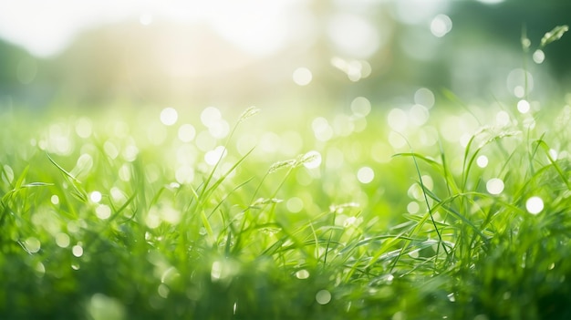 Erba verde fresca con gocce di rugiada al mattino sullo sfondo naturale e rispettoso dell'ambiente