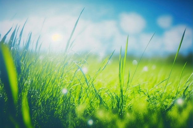 Erba verde in primo piano colpo ad angolo basso con cielo blu sullo sfondo