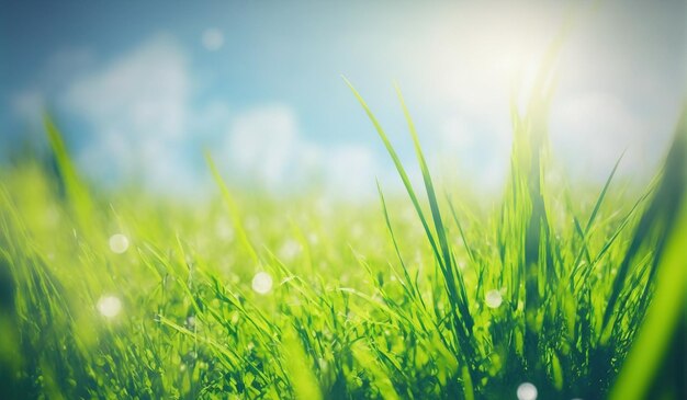 Erba verde in primo piano colpo ad angolo basso con cielo blu sullo sfondo