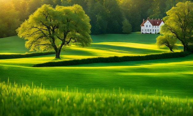 Erba verde in primo piano di un'ampia casa di campagna a prato sullo sfondo