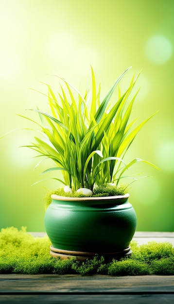 Erba verde in vaso con sfondo piacevole ai generato