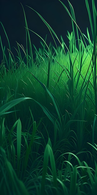 erba verde nell'oscurità con una luce soffusa sulla sua superficie