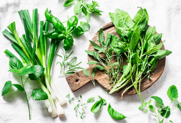 Erbe aromatiche spinaci basilico timo rosmarino salvia menta cipolla aglio su sfondo chiaro vista dall'alto