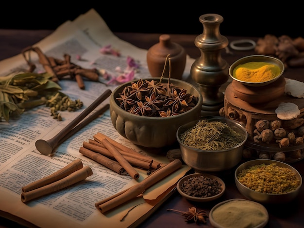 Erbe ayurvediche tradizionali e testo manoscritto