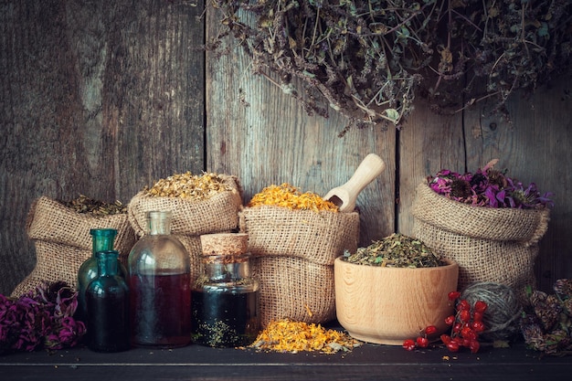 Erbe curative in sacchi di iuta mortaio e bottiglie di tintura o olio erboristeria