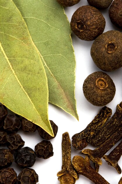 Erbe da cucina foglie di alloro, chiodi di garofano e closeup di pepe nero su sfondo bianco.