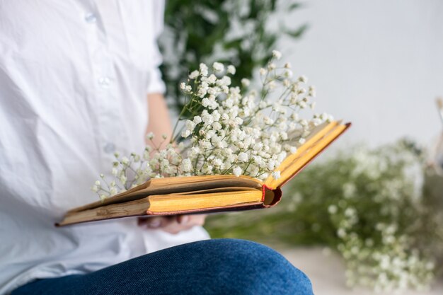 Erbe e gipsofila sulla tavola di legno con il libro